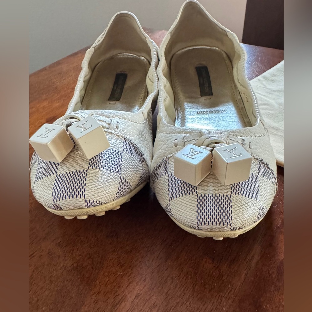Louis Vuitton Damier Azur Leather Lovely Scrunch LV Cube Ballet Flats size 37 - Picture 2 of 4